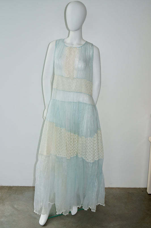 Antique Sheer Silk Organza Gown with Lace Inset Panels