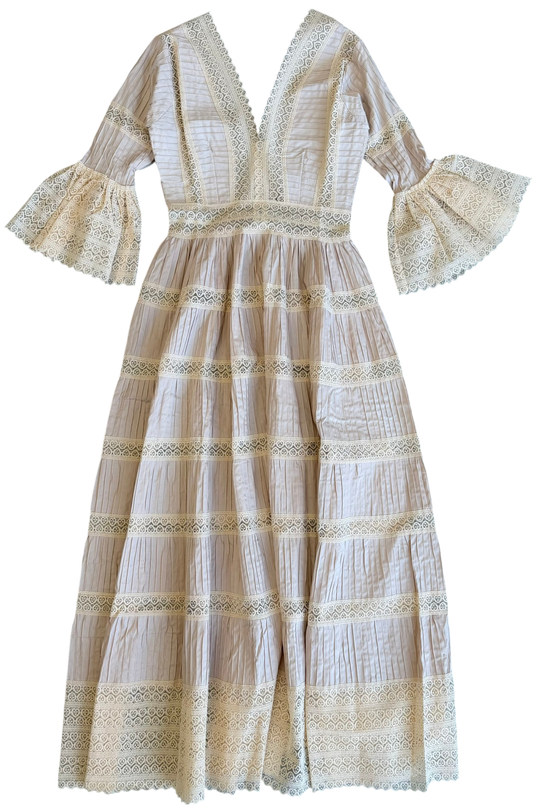 1970's Pale Pink Cream Lace Pintuck Dress