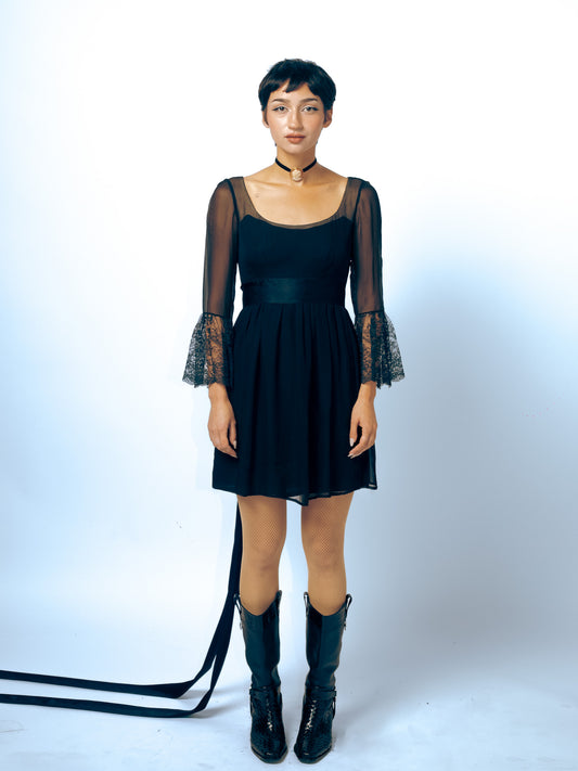 1960's Malcolm Starr Silk LBD With Lace Cuffs And Amazing Satin Tie