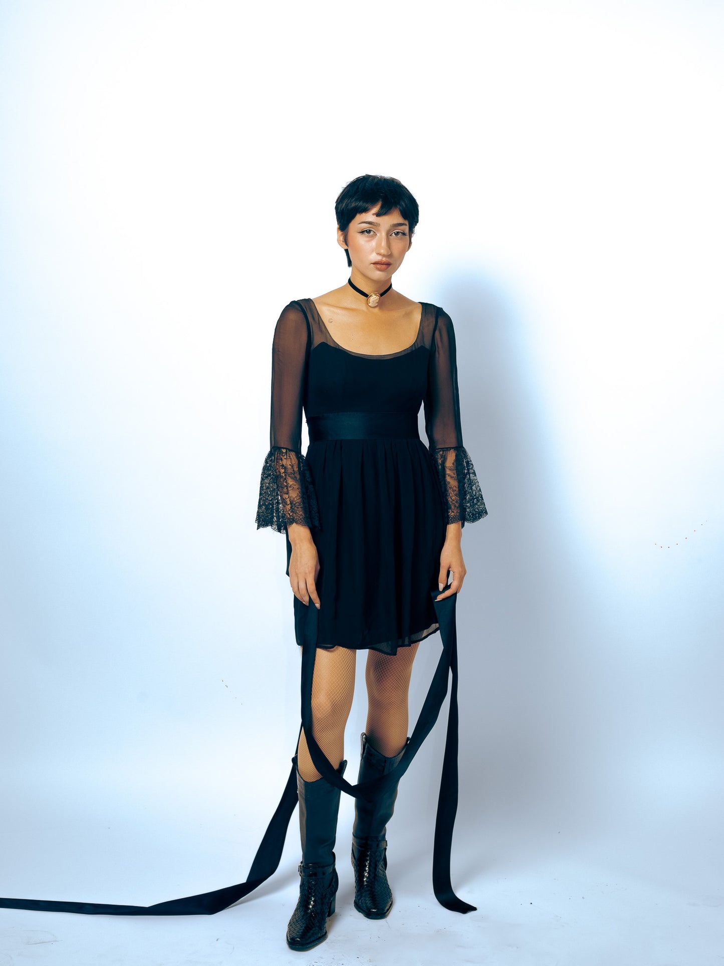 1960's Malcolm Starr Silk LBD With Lace Cuffs And Amazing Satin Tie