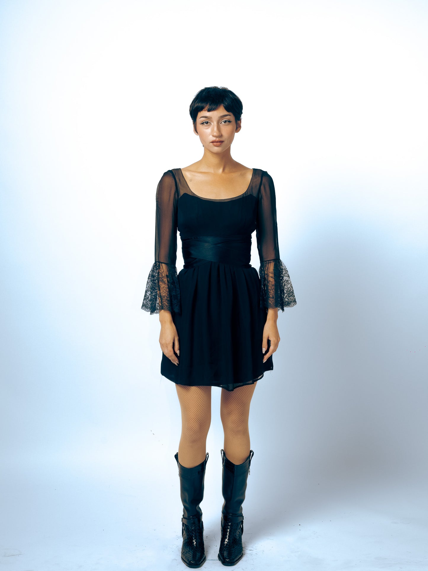 1960's Malcolm Starr Silk LBD With Lace Cuffs And Amazing Satin Tie