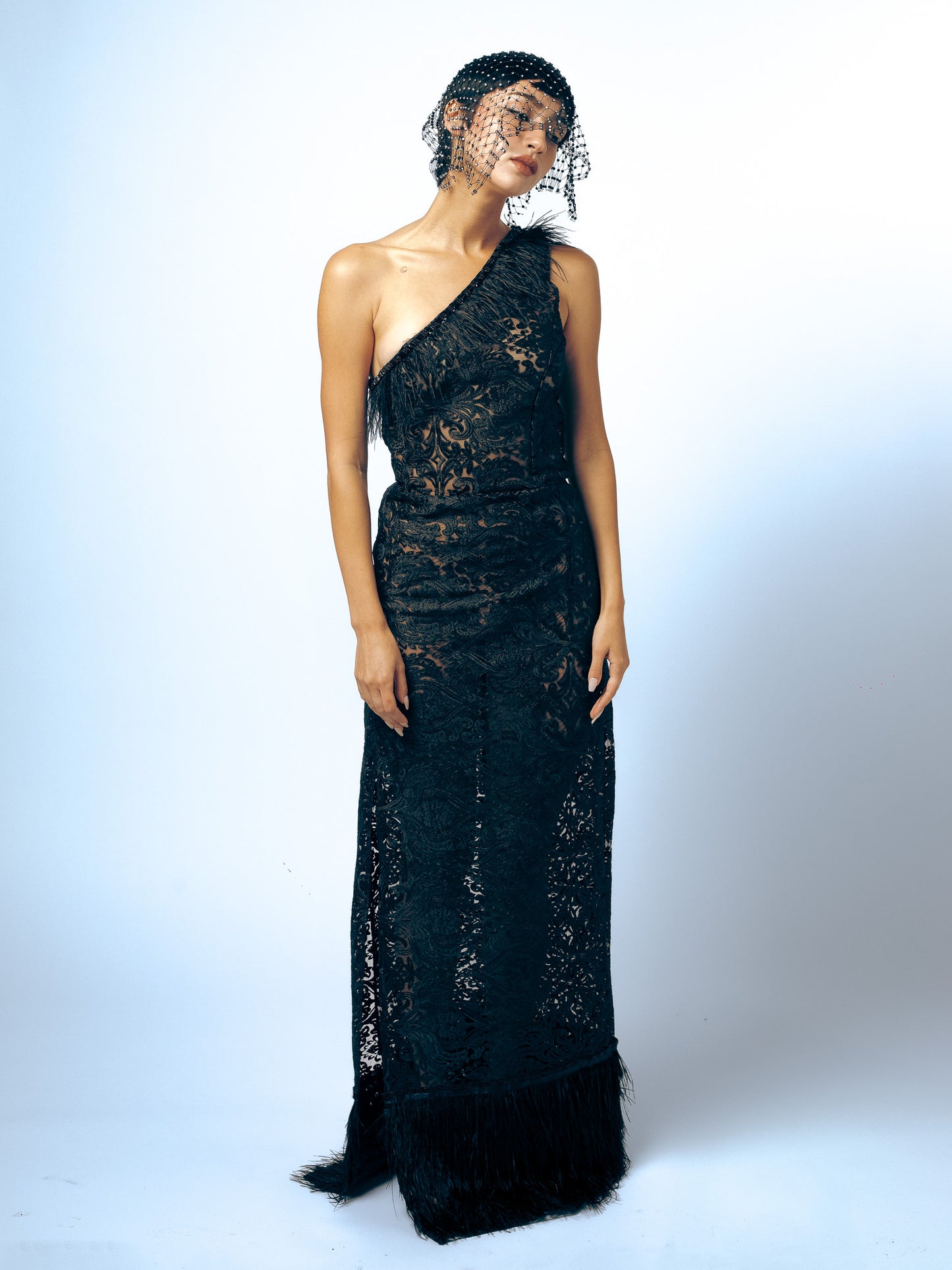 1970's Custom Lace Gown With Feathers