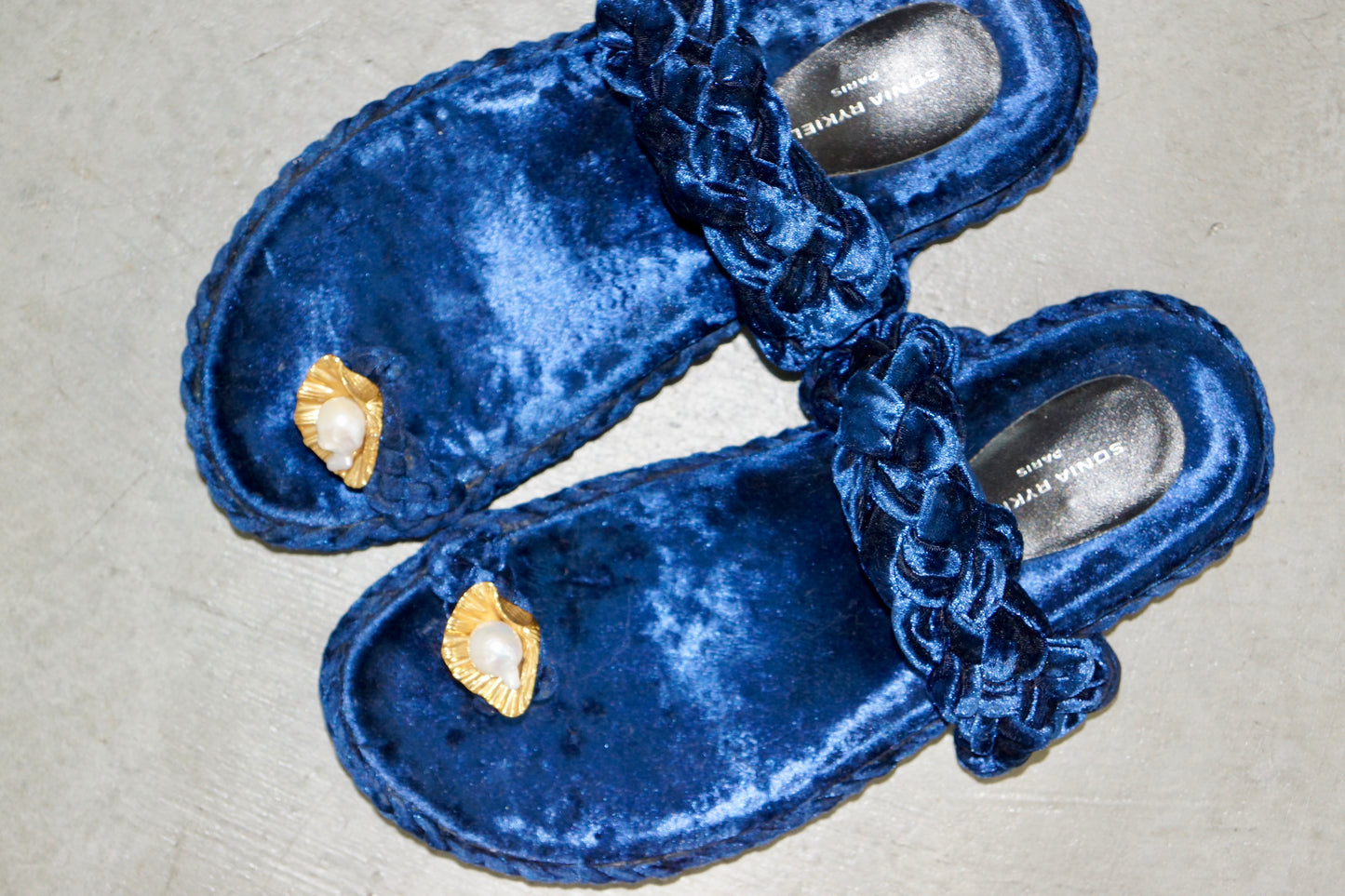 Sonia Rykiel Midnight Velvet Slides with Pearl Shell Detail