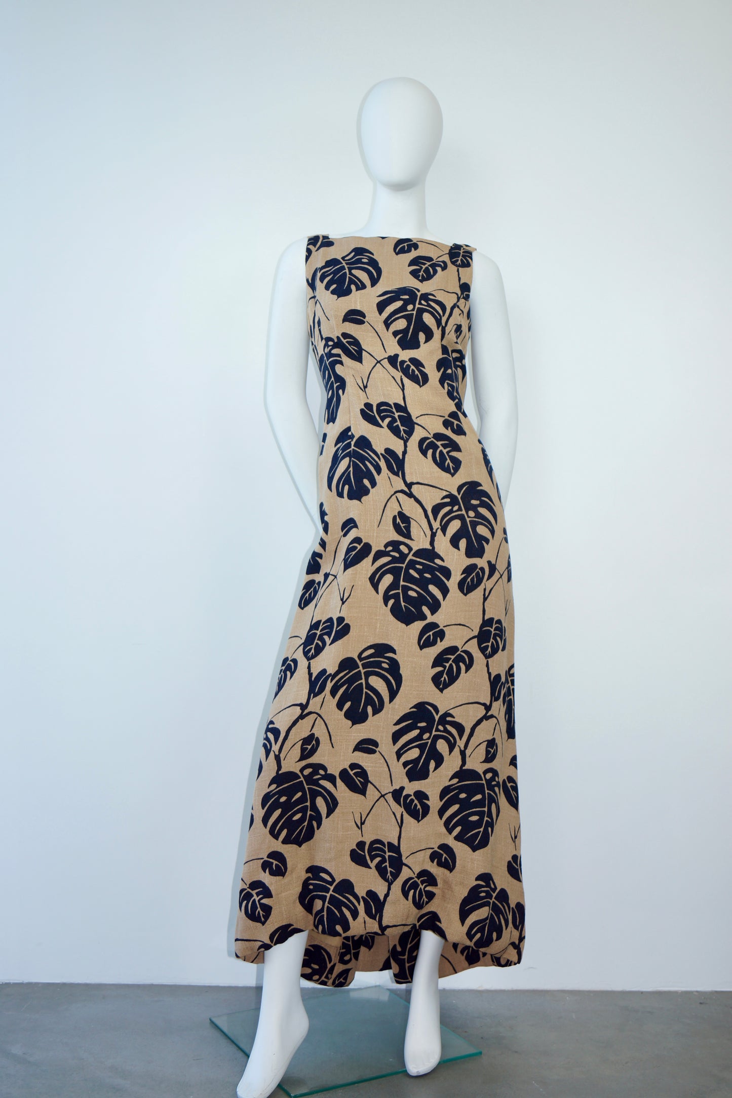1970's Christian Dior Monstera Leaf Printed Gown with Train