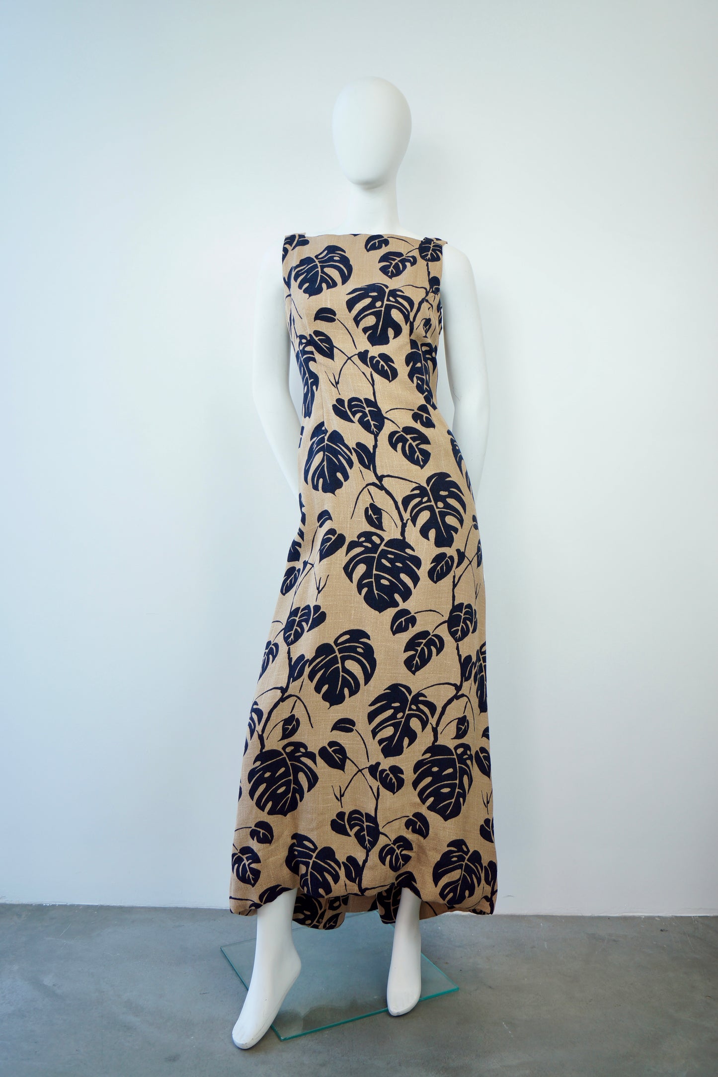 1970's Christian Dior Monstera Leaf Printed Gown with Train