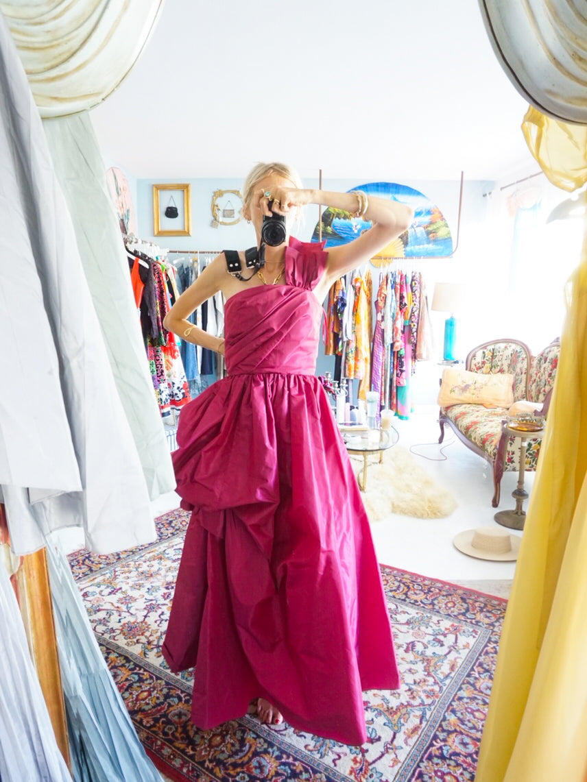 1980s Victor Costa One Shoulder Taffeta Gown