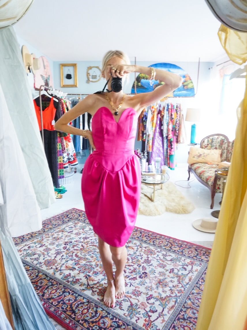 1980s Victor Costa Hot Pink Cocktail Dress