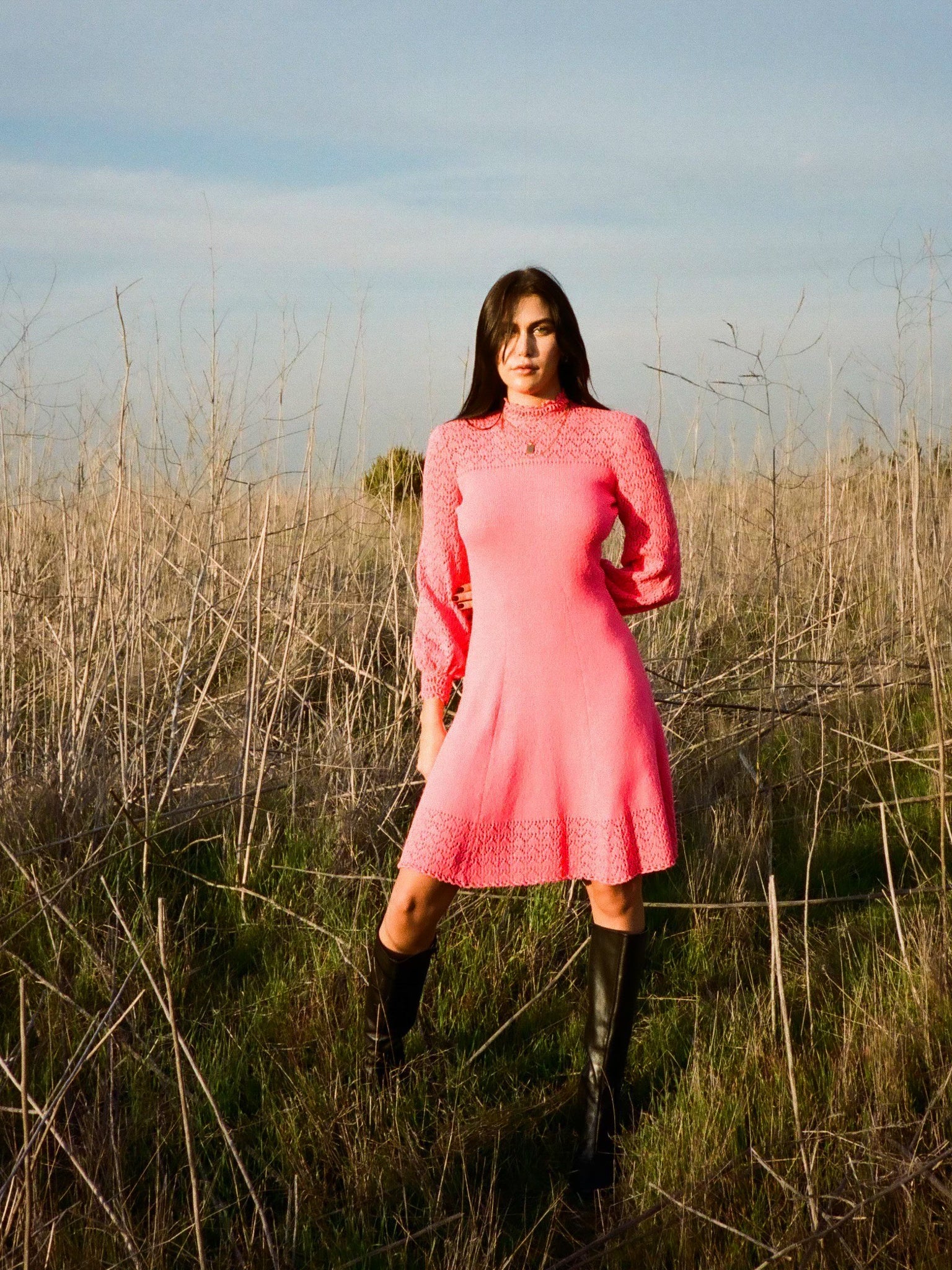 coral knit dress Coral Knit Square Neck Fitted Midi Dress PinkBlush