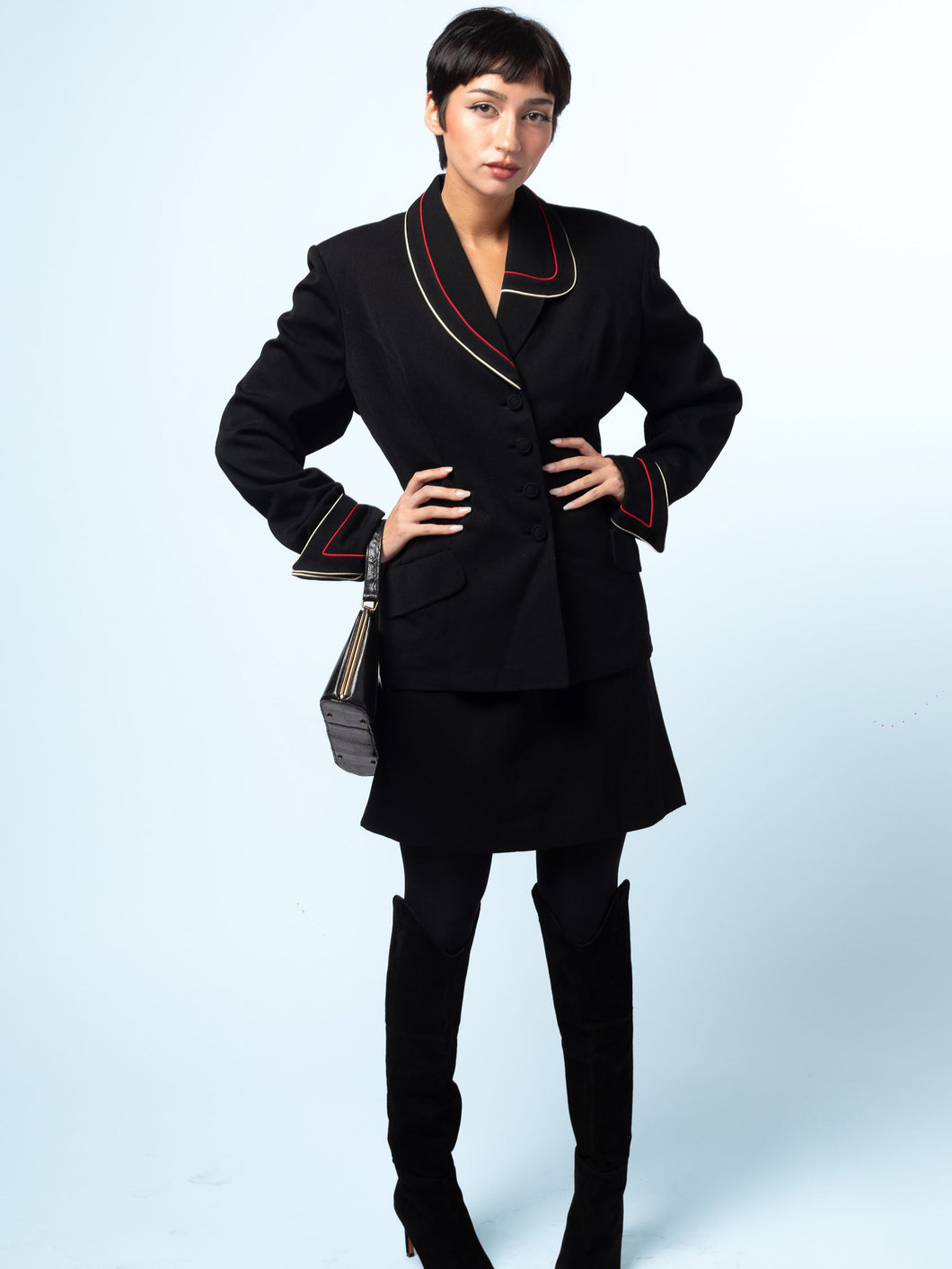 1980's Lilli Ann of San Francisco Black Wool Skirt Suit With Abstract Lapel