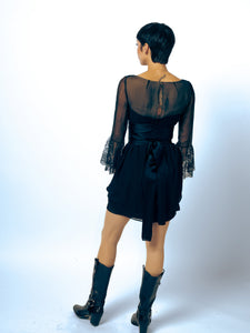 1960's Malcolm Starr Silk LBD With Lace Cuffs And Amazing Satin Tie