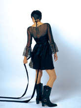 Load image into Gallery viewer, 1960&#39;s Malcolm Starr Silk LBD With Lace Cuffs And Amazing Satin Tie