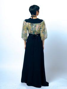 1970's Pret-a-Porter Made in England Does the 40's Novelty Print Maxi Gown