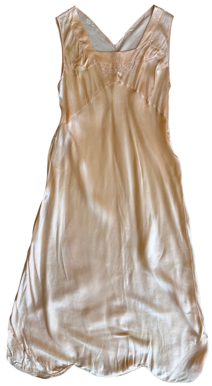 Vintage Peach Satin Slip Dress with Embroidery