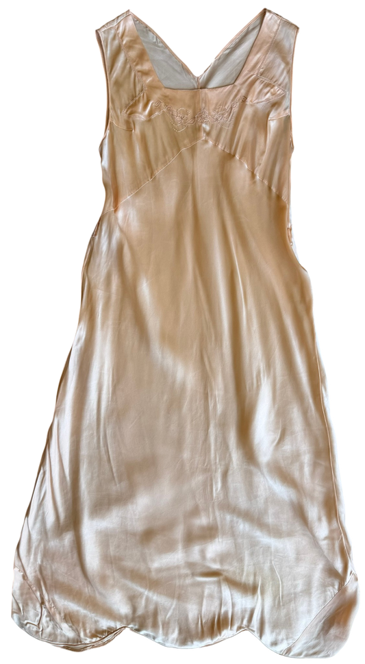 Vintage Peach Satin Slip Dress with Embroidery