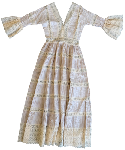 1970's Pale Pink Cream Lace Pintuck Dress