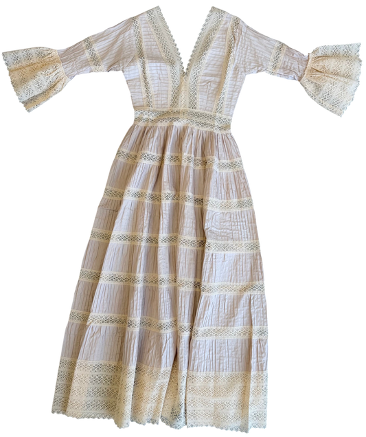 1970's Pale Pink Cream Lace Pintuck Dress