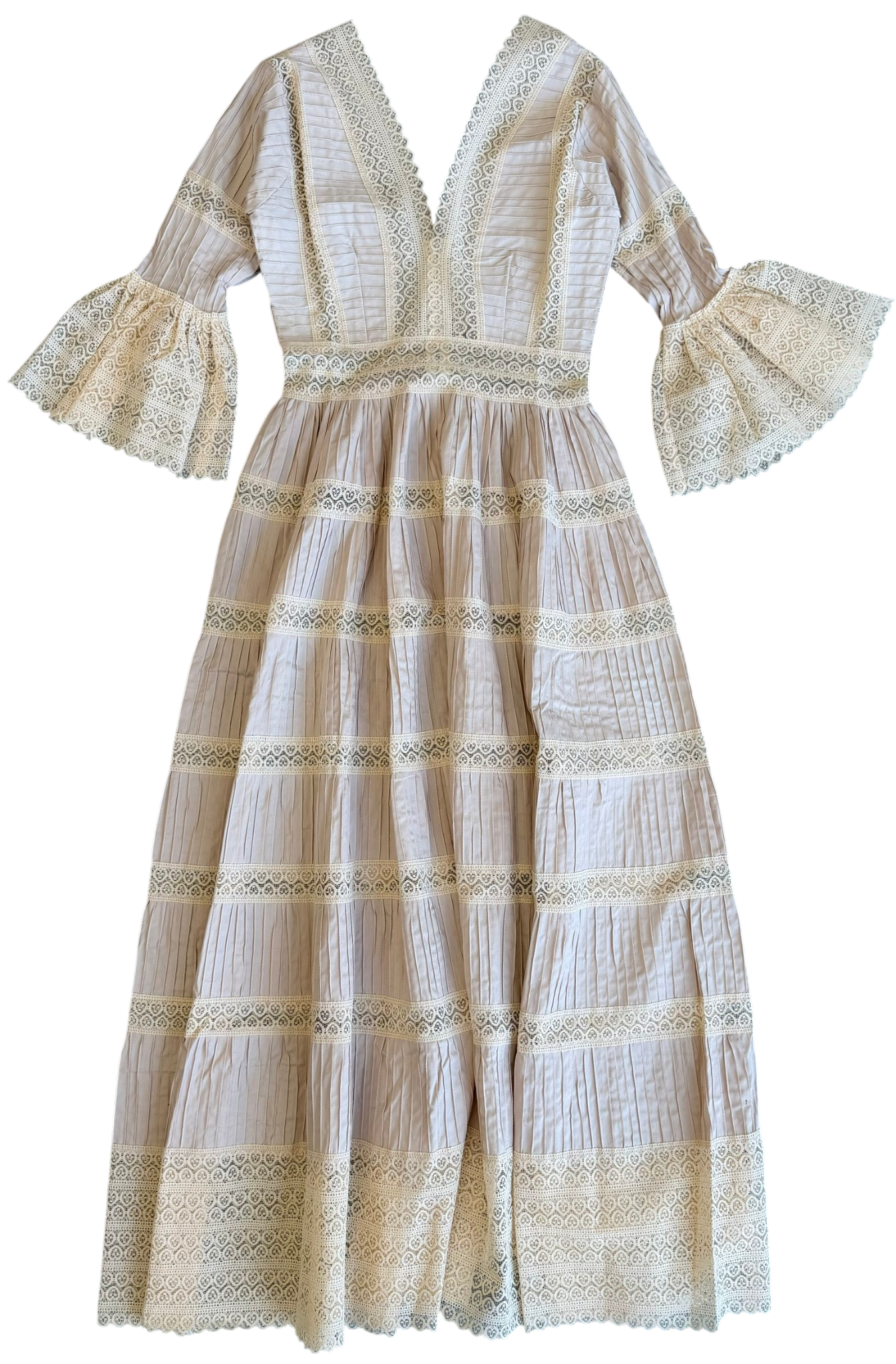 1970's Pale Pink Cream Lace Pintuck Dress