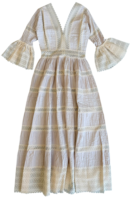 1970's Pale Pink Cream Lace Pintuck Dress