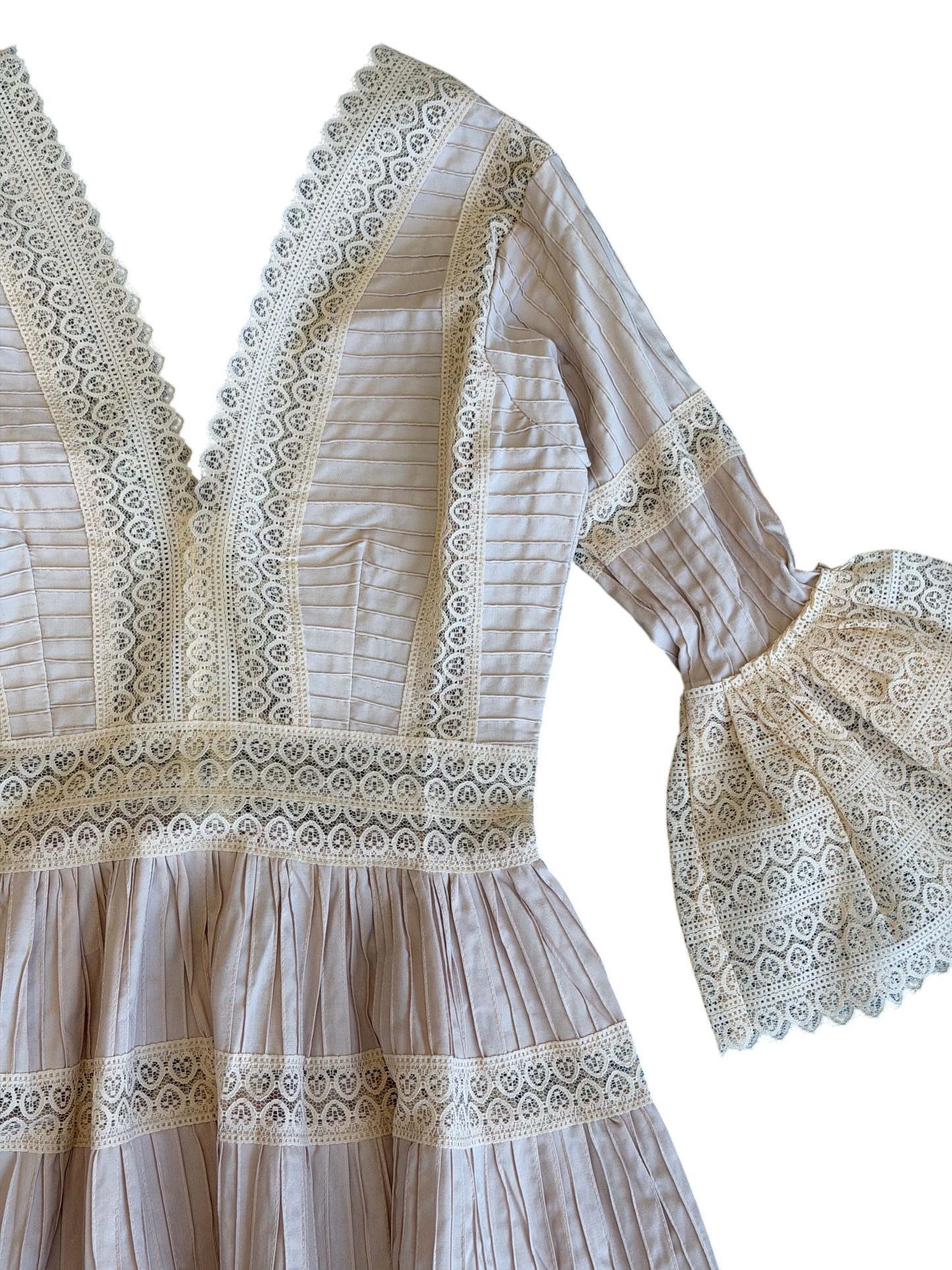 1970's Pale Pink Cream Lace Pintuck Dress