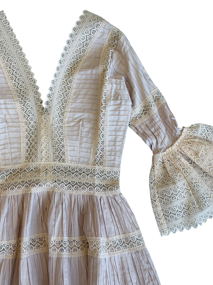 1970's Pale Pink Cream Lace Pintuck Dress
