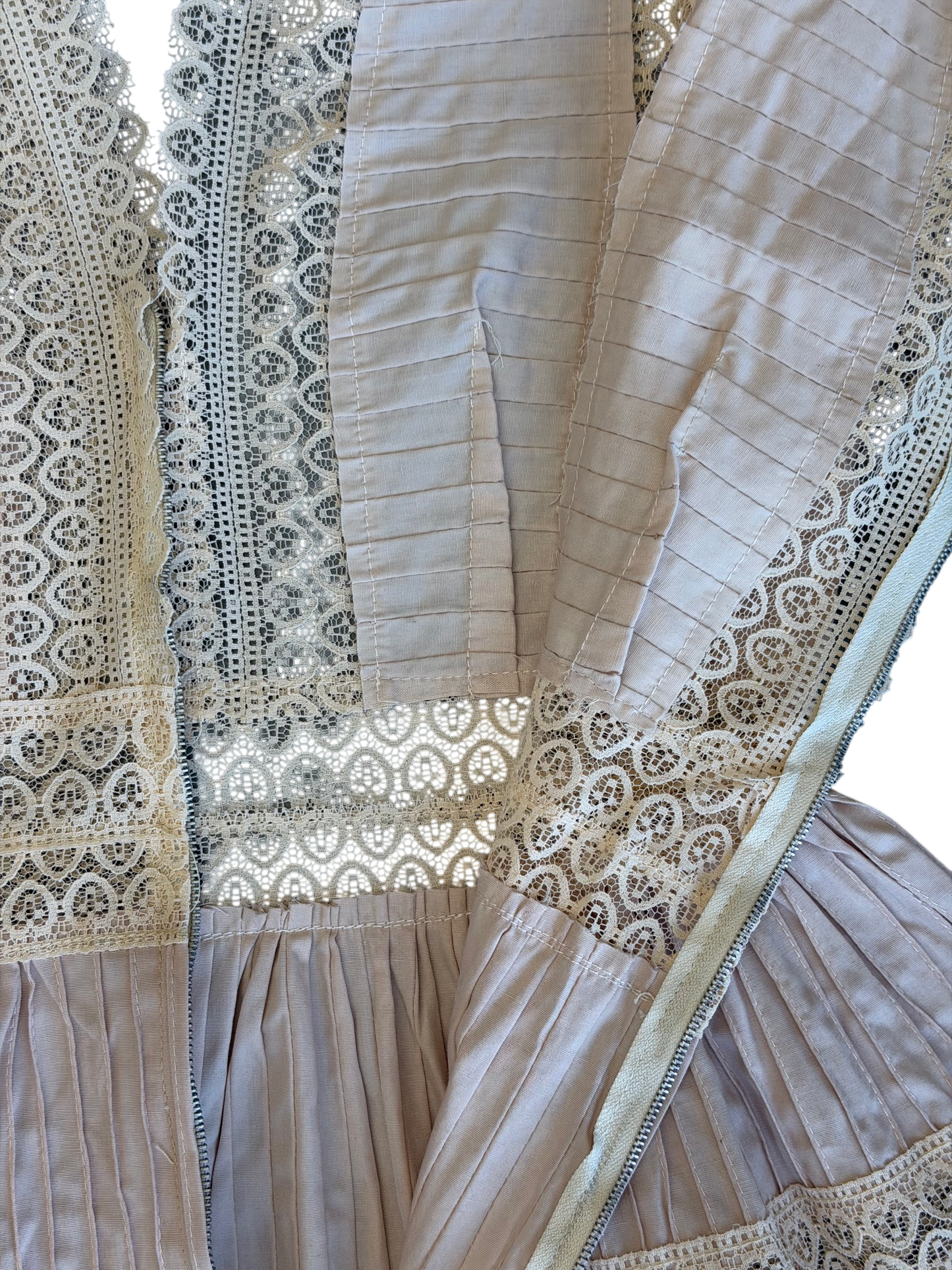 1970's Pale Pink Cream Lace Pintuck Dress