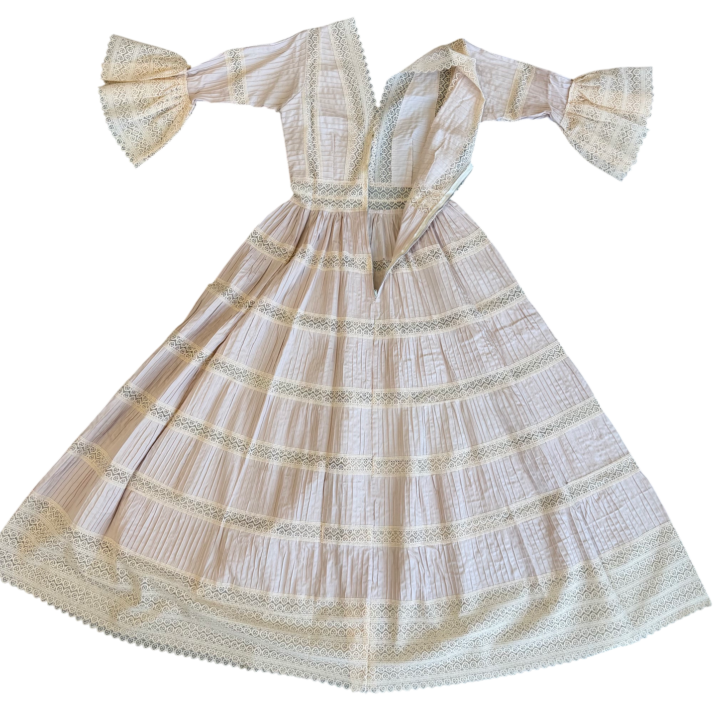 1970's Pale Pink Cream Lace Pintuck Dress