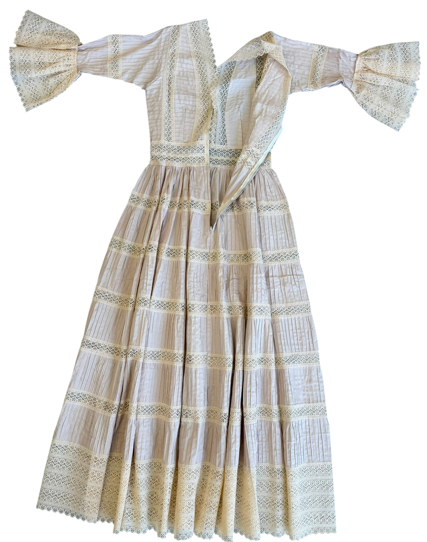 1970's Pale Pink Cream Lace Pintuck Dress