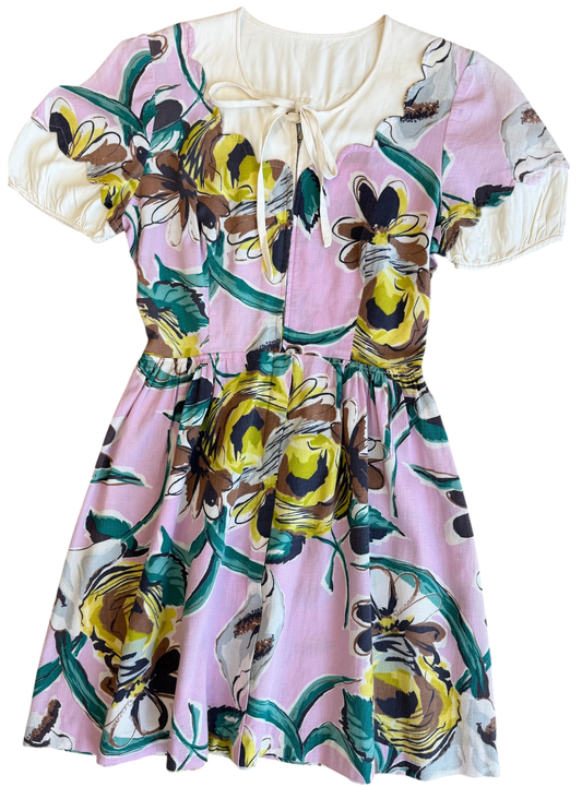 1970's Floral Pink Puff Sleeve Dress