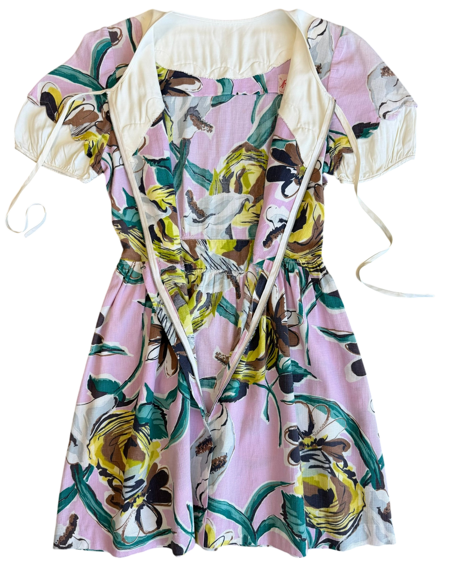 1970's Floral Pink Puff Sleeve Dress