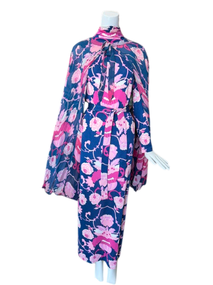 La Mendola Blue Silk Dress with Cape