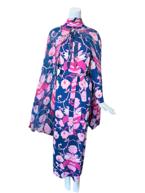 La Mendola Blue Silk Dress with Cape