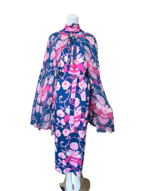 La Mendola Blue Silk Dress with Cape