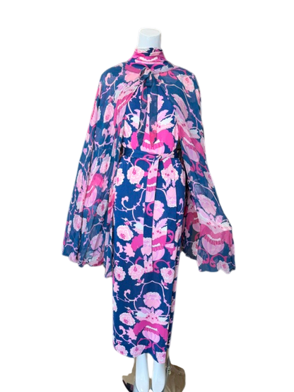 La Mendola Blue Silk Dress with Cape
