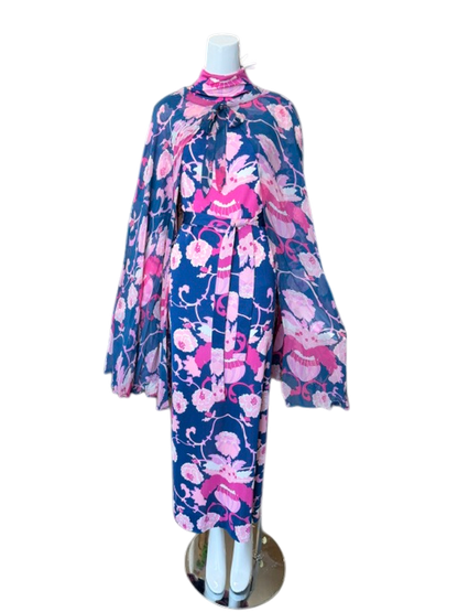 La Mendola Blue Silk Dress with Cape