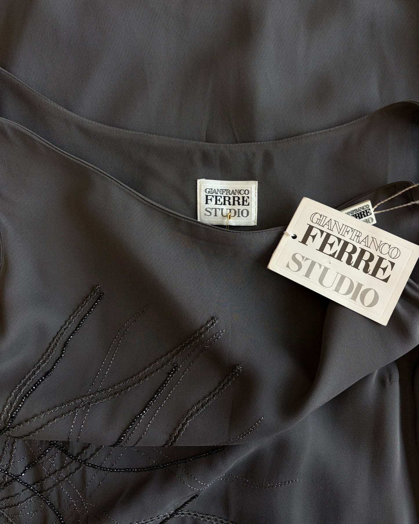 1990s Gianfranco Ferré Deadstock Charcoal Beaded Gown