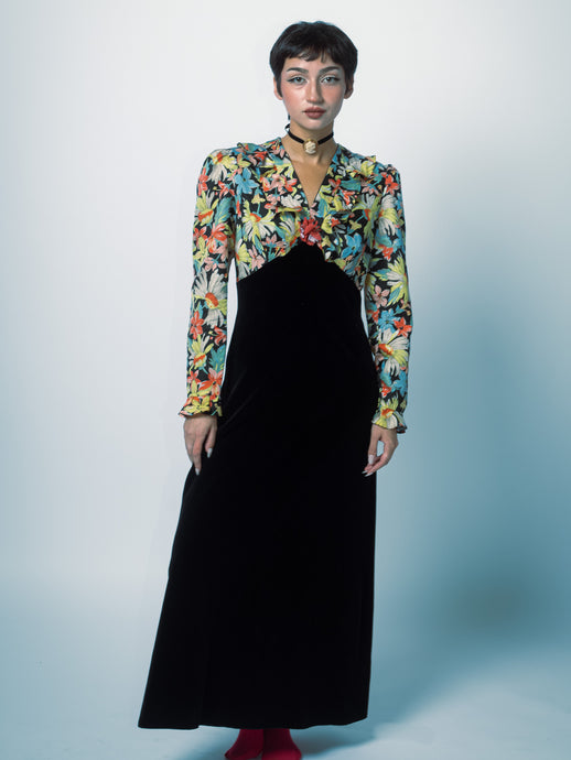 1970's Does The 40's Maxi Dress With Contrasting Floral Print Bodice