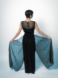 1930/1940's Black Maxi Gown With Chantilly Lace Cape