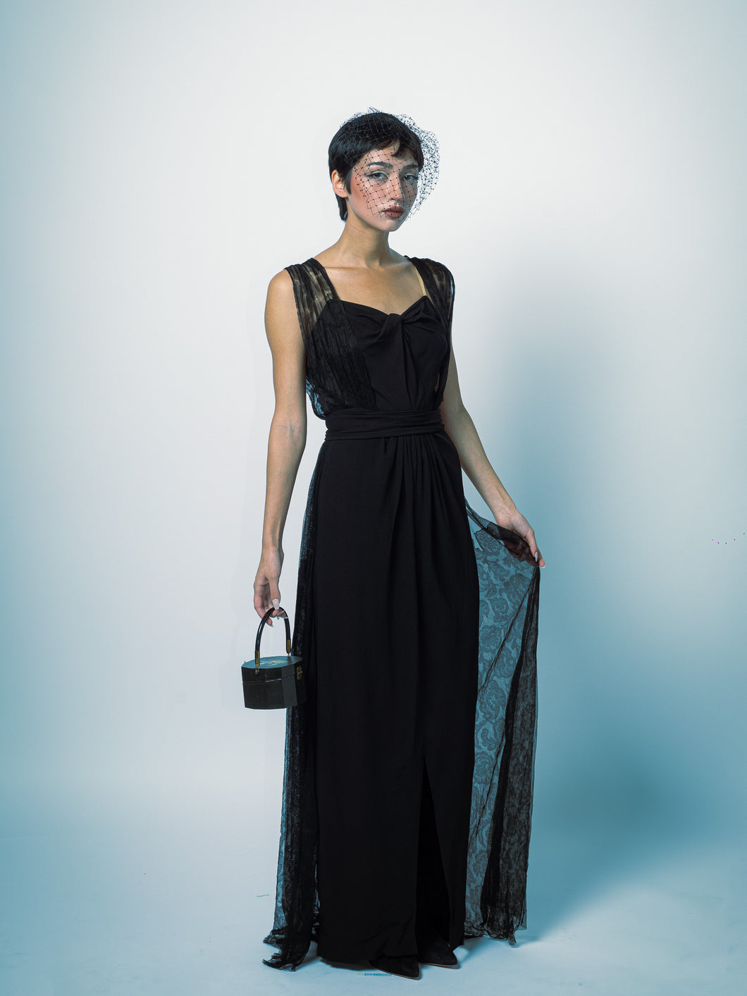 1930/1940's Black Maxi Gown With Chantilly Lace Cape