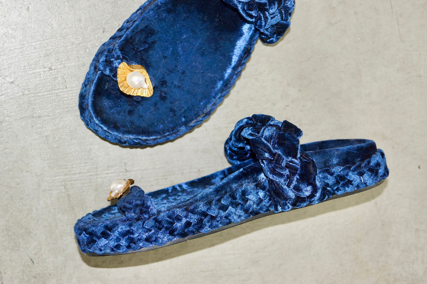 Sonia Rykiel Midnight Velvet Slides with Pearl Shell Detail