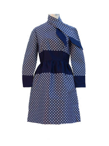 1960s Geoffrey Beene Navy and White Long Sleeve Cocktail Dress With Cross Pattern and Necktie
