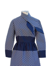 Load image into Gallery viewer, 1960s Geoffrey Beene Navy and White Long Sleeve Cocktail Dress With Cross Pattern and Necktie